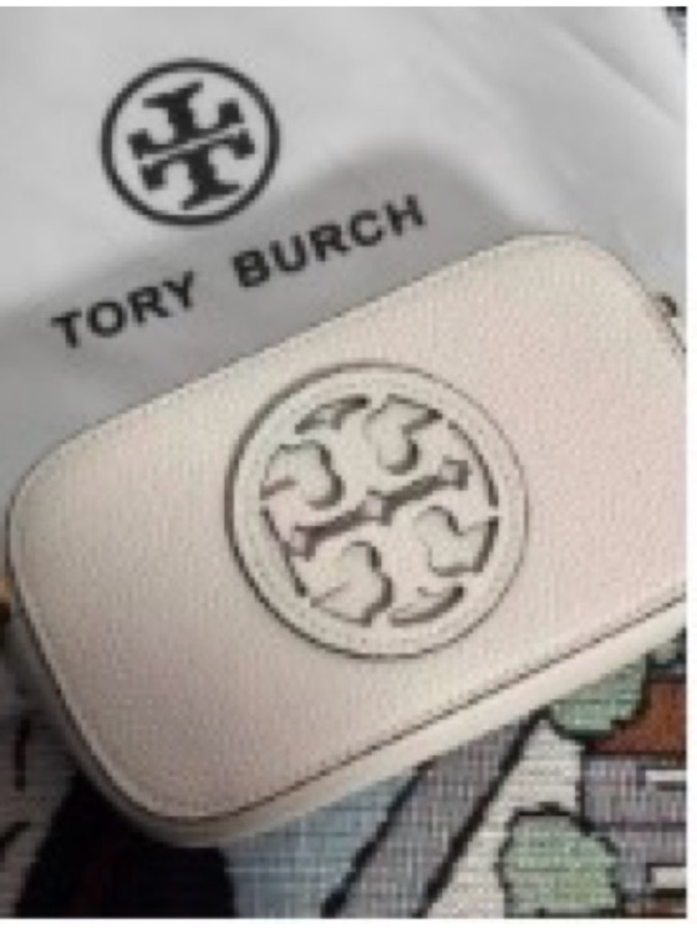Tory Burch Cream Pebbled Leather Camera Bag with Logo Medallion